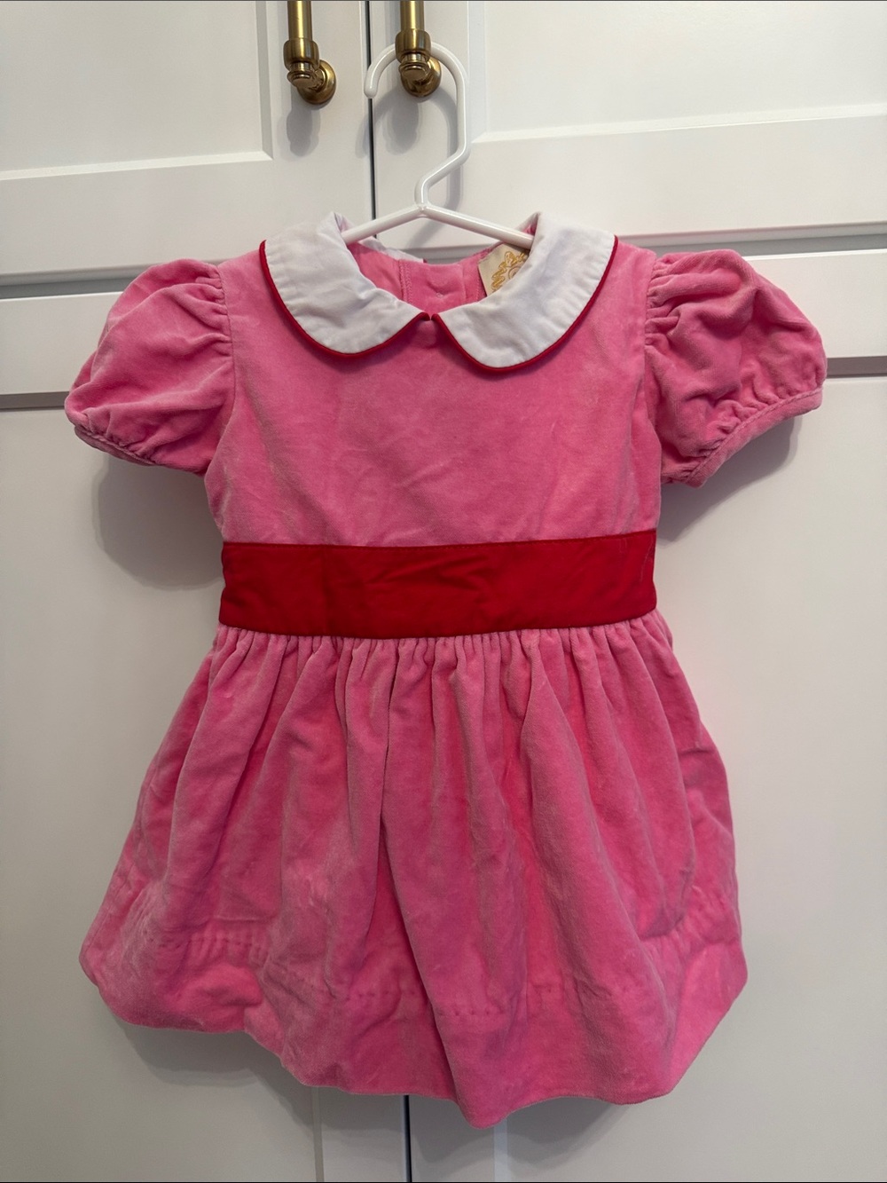 The Beaufort Bonnet Company Pink Velvet Dress with Red Sash and White Collar